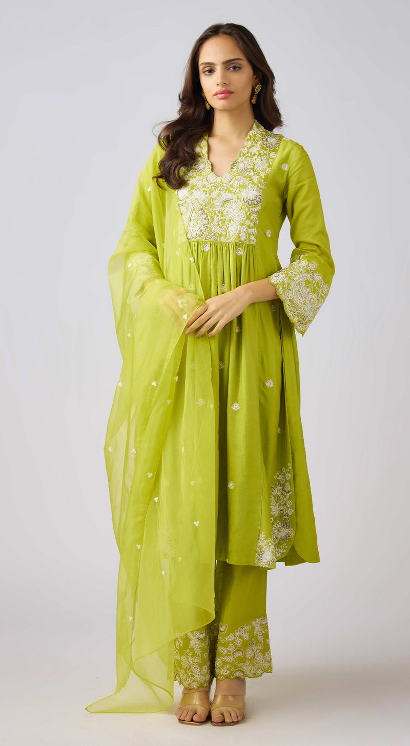 Lime Silk Embroidered Suit Set