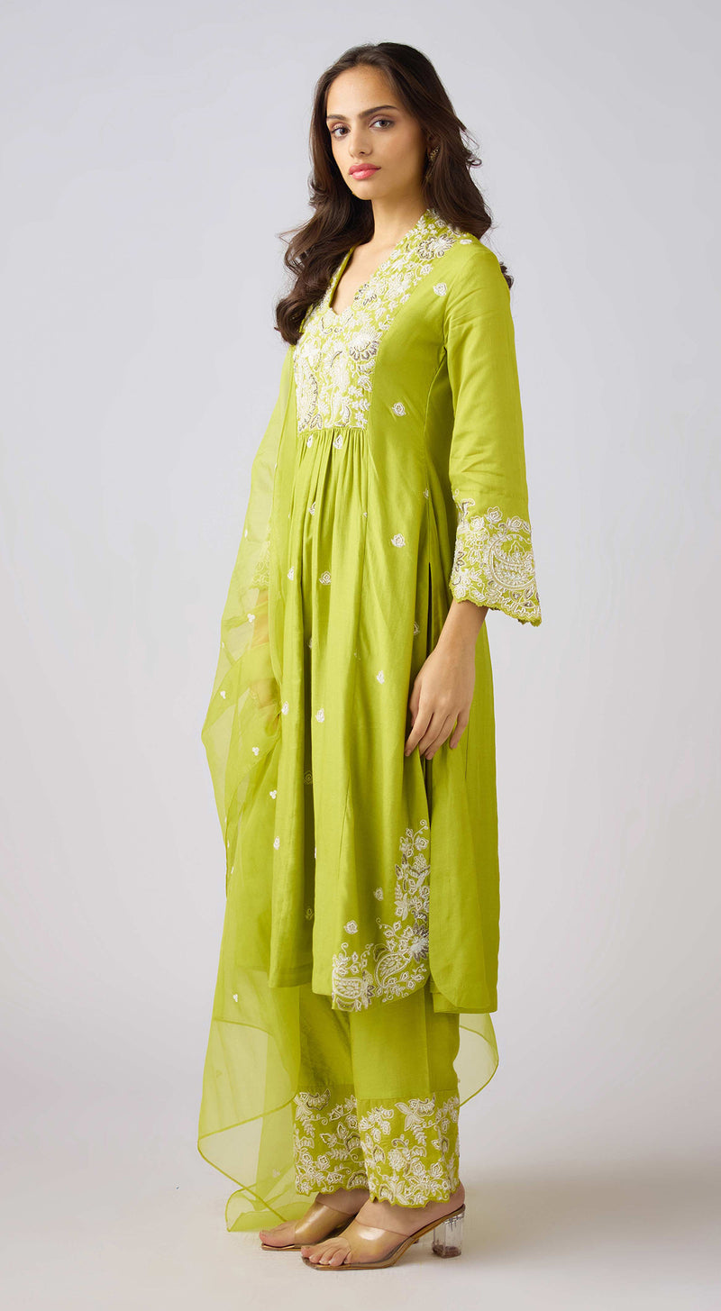 Lime Silk Embroidered Suit Set