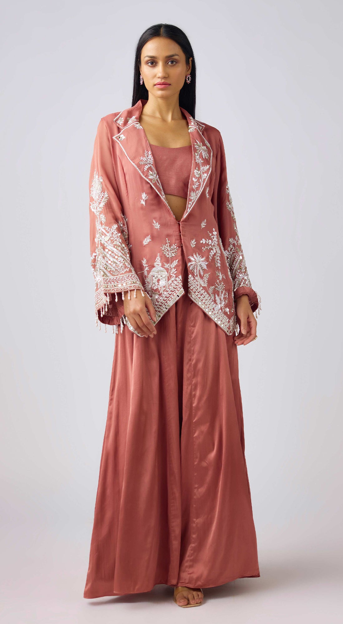 Champagne Embroidered Sharara Set With Jacket