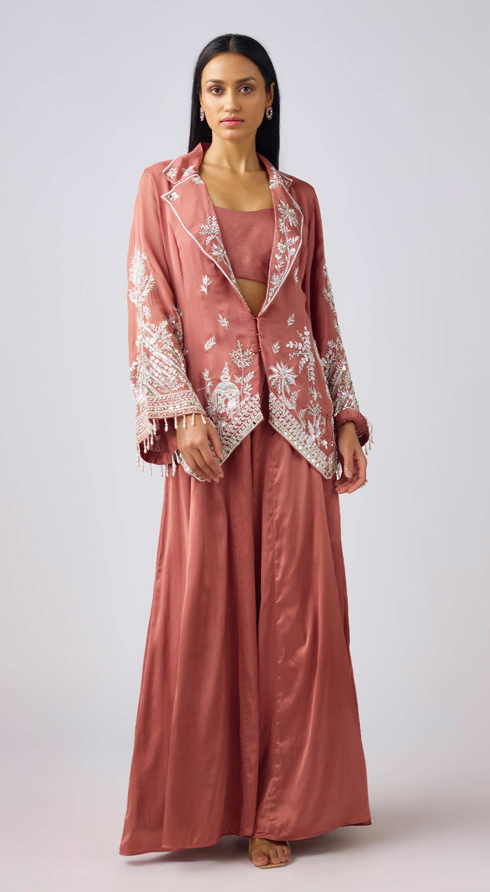 Champagne Embroidered Sharara Set With Jacket