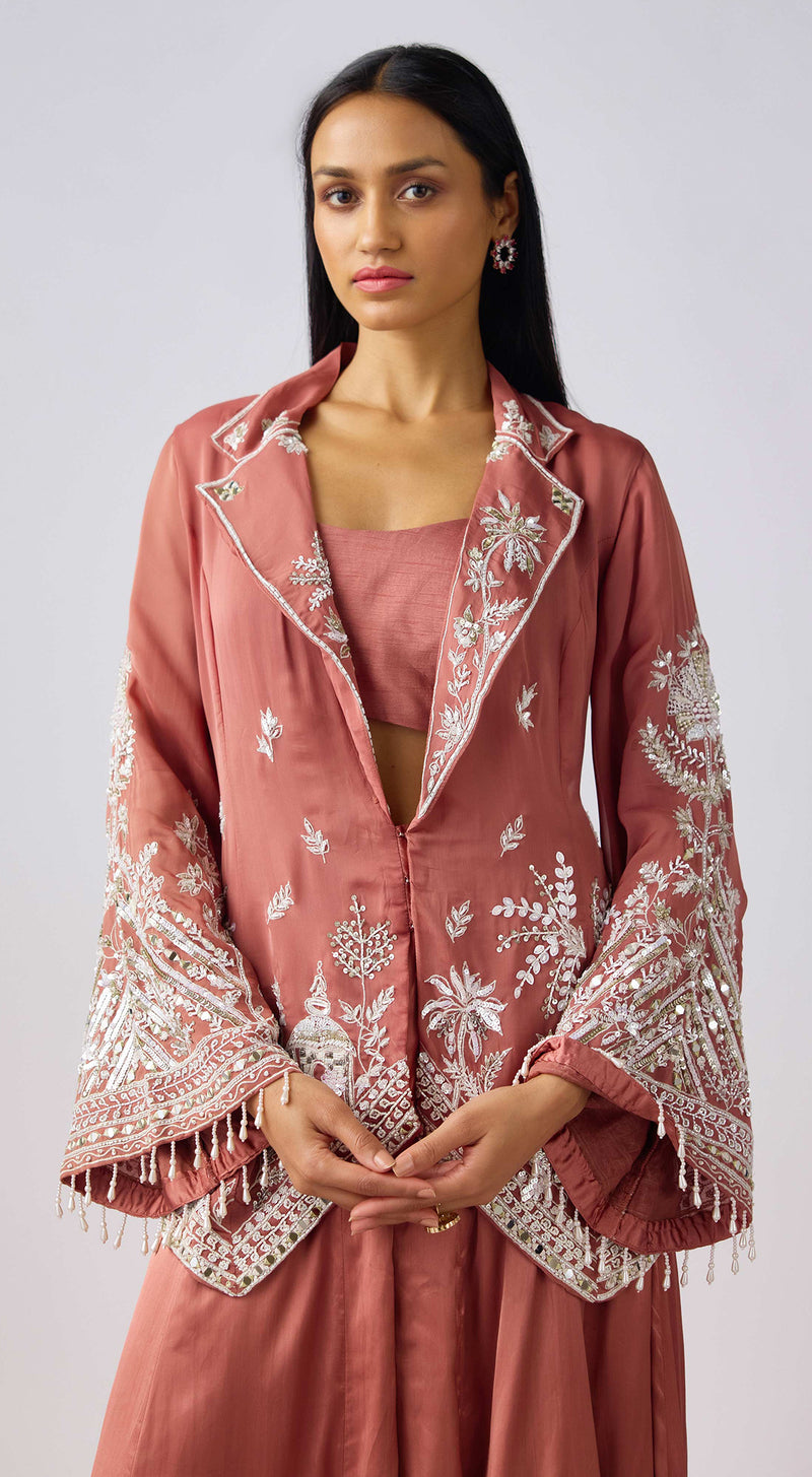 Champagne Embroidered Sharara Set With Jacket