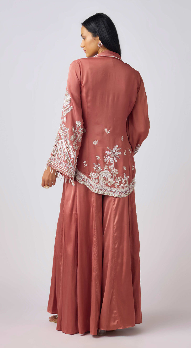 Champagne Embroidered Sharara Set With Jacket