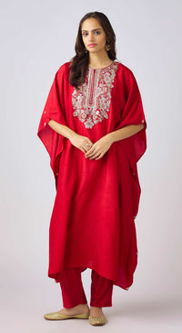 Red Cotton Embroidered Kaftan Set