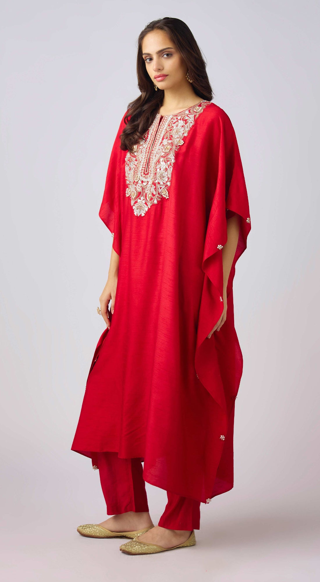 Red Cotton Embroidered Kaftan Set