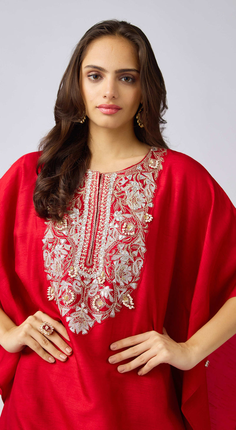 Red Cotton Embroidered Kaftan Set