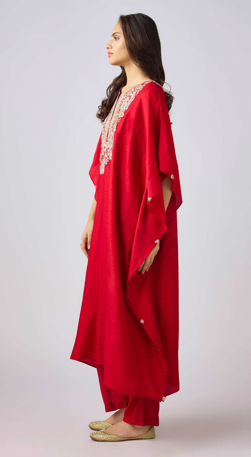 Red Cotton Embroidered Kaftan Set