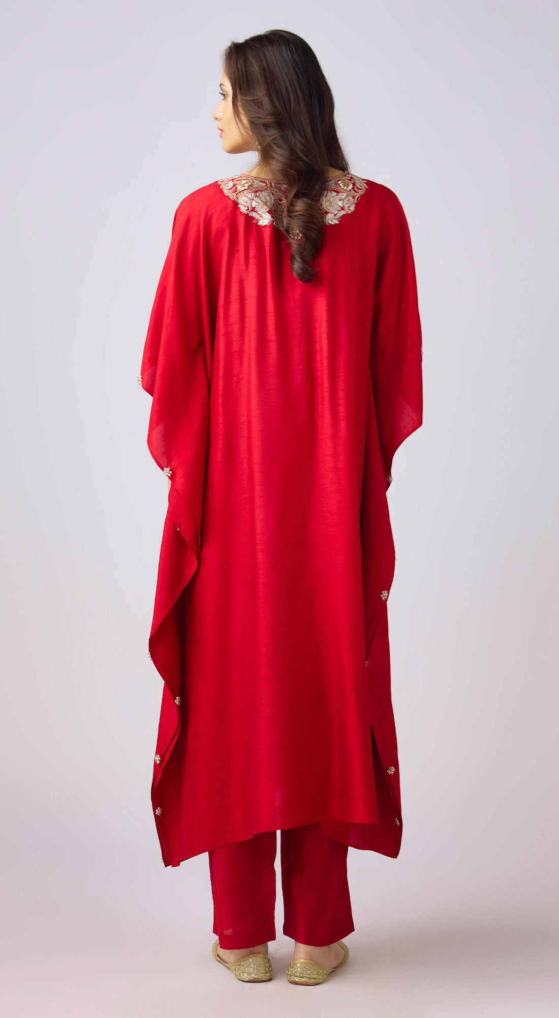 Red Cotton Embroidered Kaftan Set