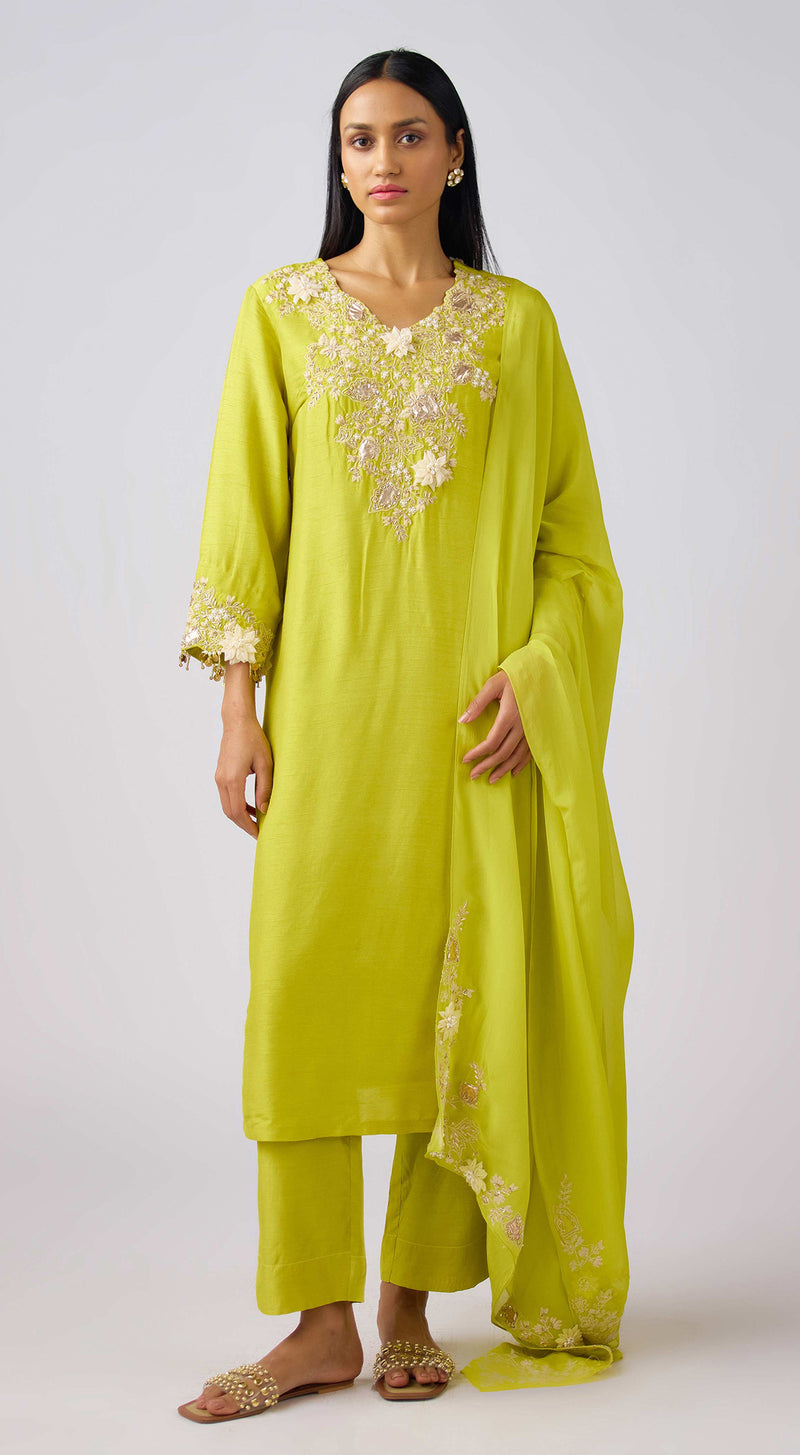 Lime Cotton Embroidered Suit Set