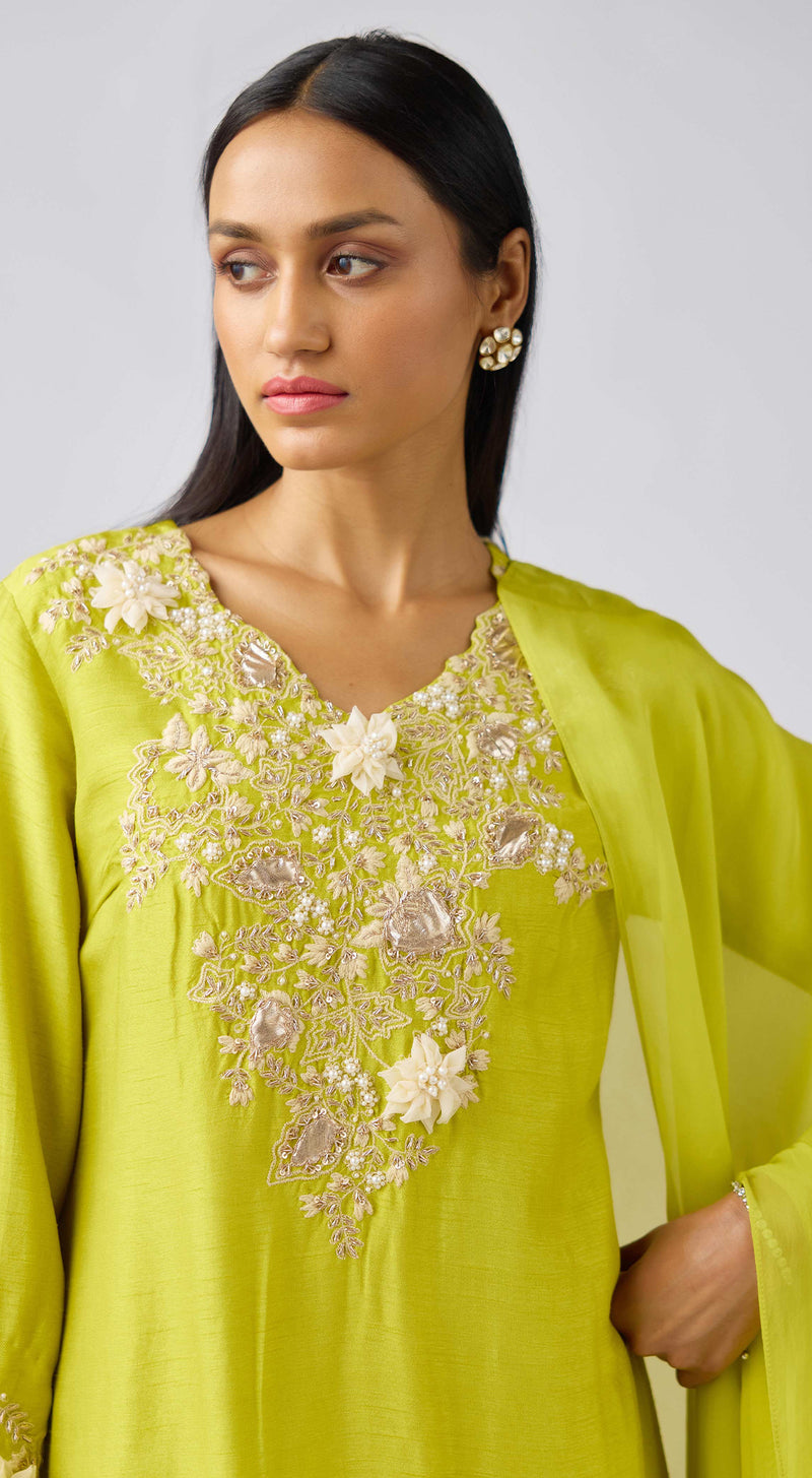 Lime Cotton Embroidered Suit Set