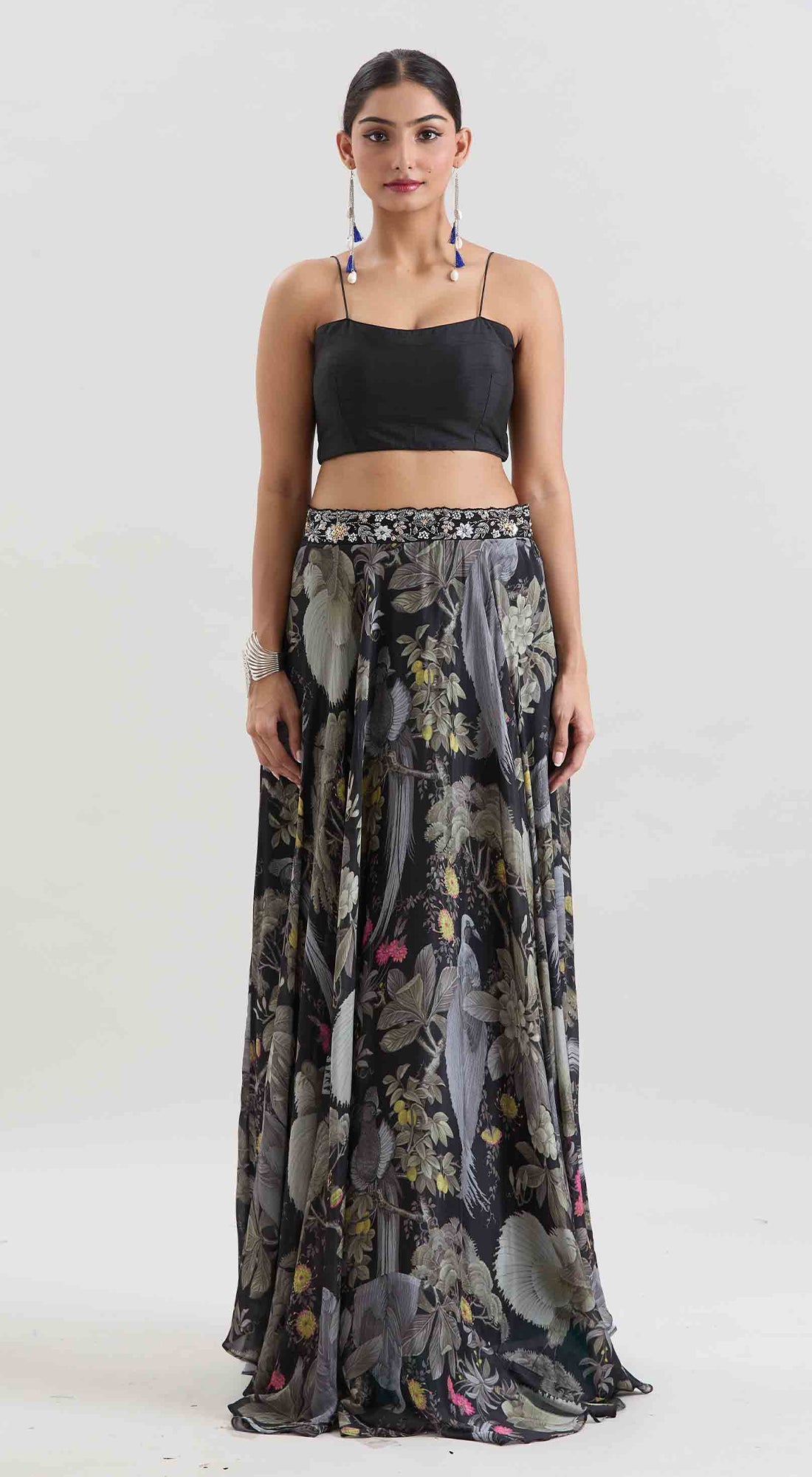 Black Floral Print Skirt Set
