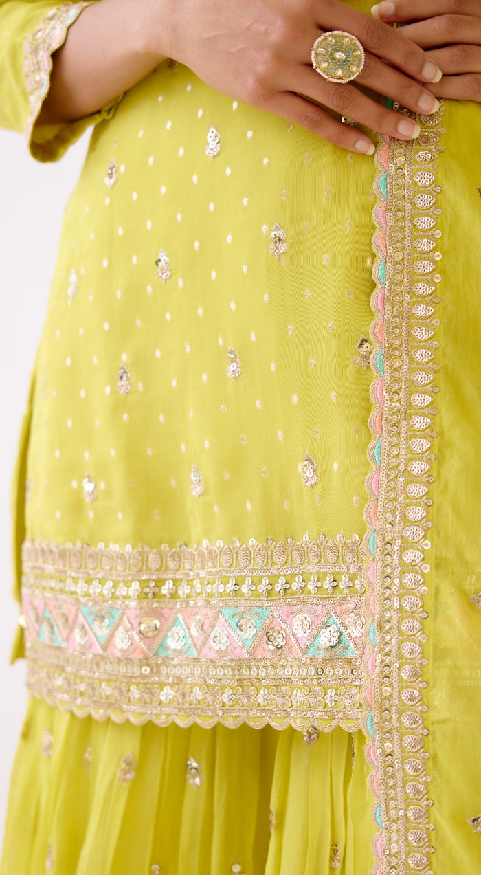 Lime Embroidered Sharara Set