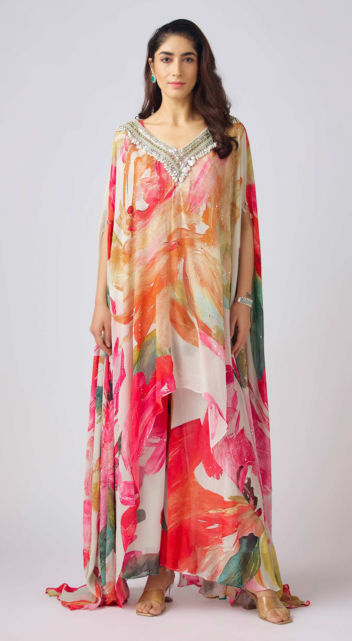 Multi Georgette Embroidered Floral Kaftan Set