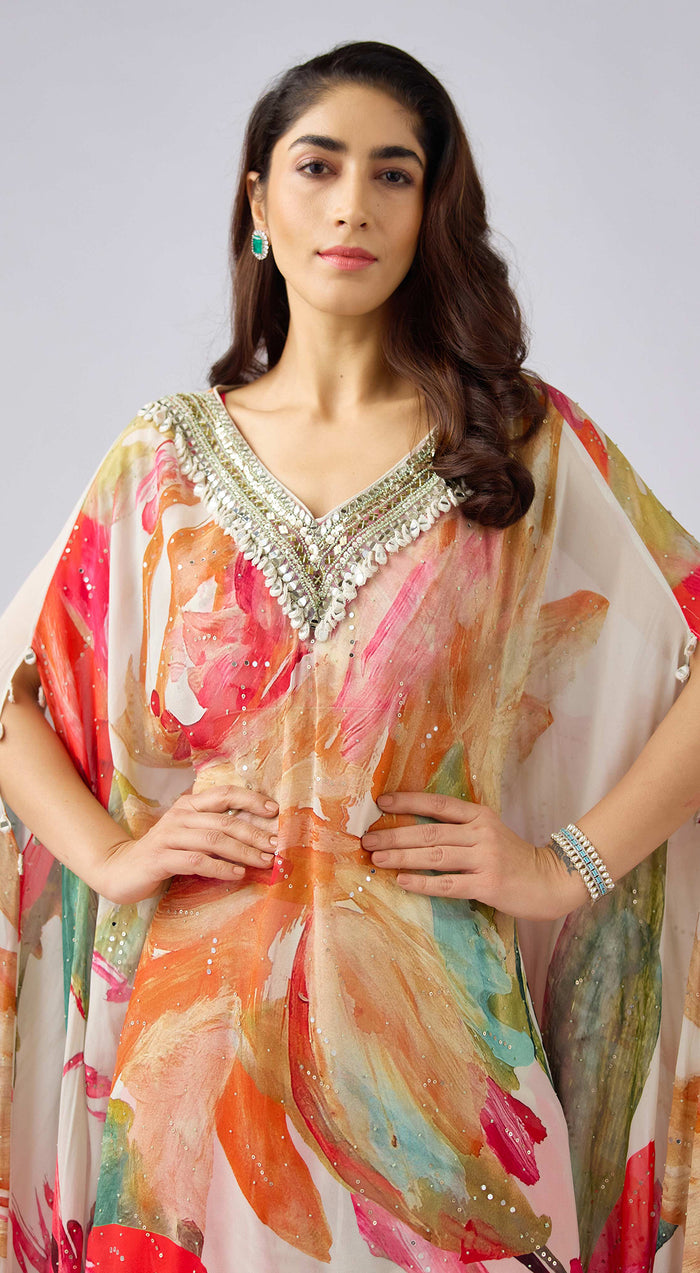 Multi Georgette Embroidered Floral Kaftan Set