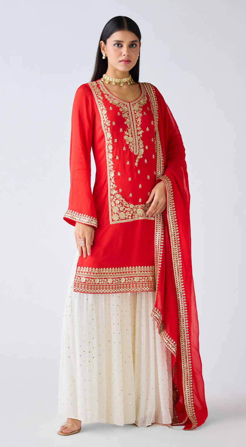 Red Zari Work Organza Sharara Set