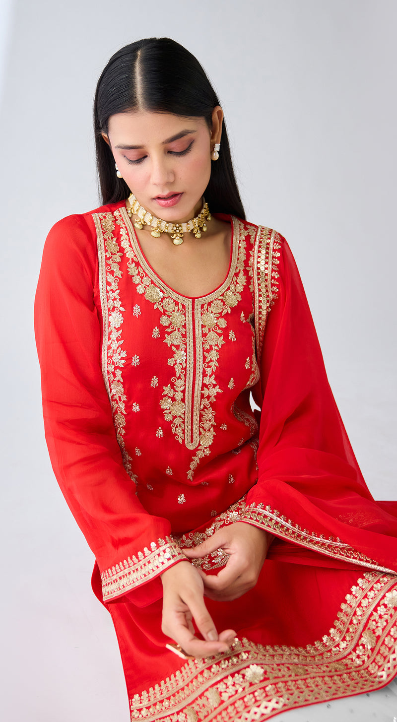 Red Zari Work Organza Sharara Set