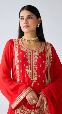 Red Zari Work Organza Sharara Set