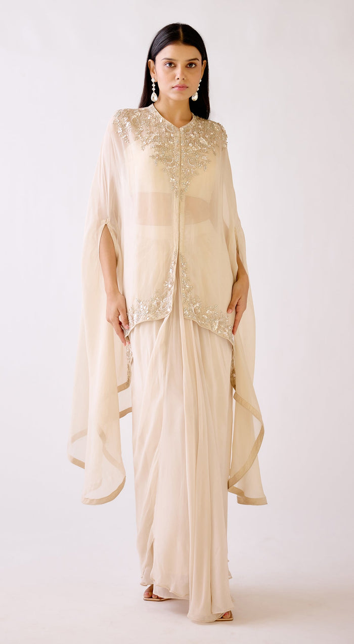 Off-White Embroidered Draped Saree