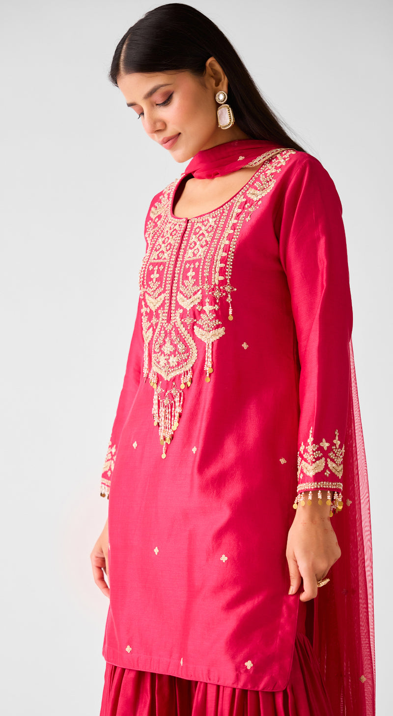 Rani Pink Chanderi Embroidered Sharara Set