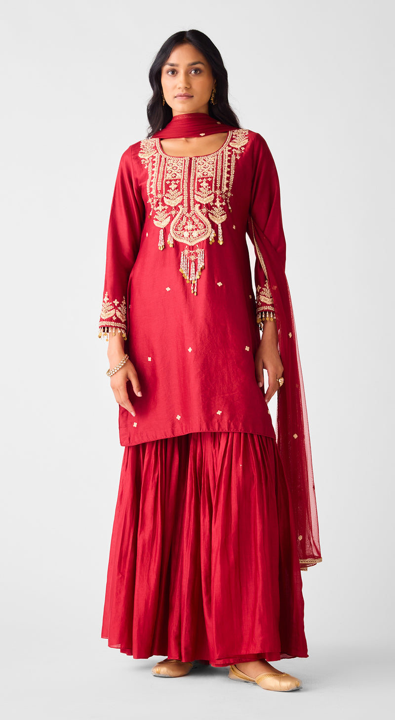 Red Chanderi Embroidered Sharara Set