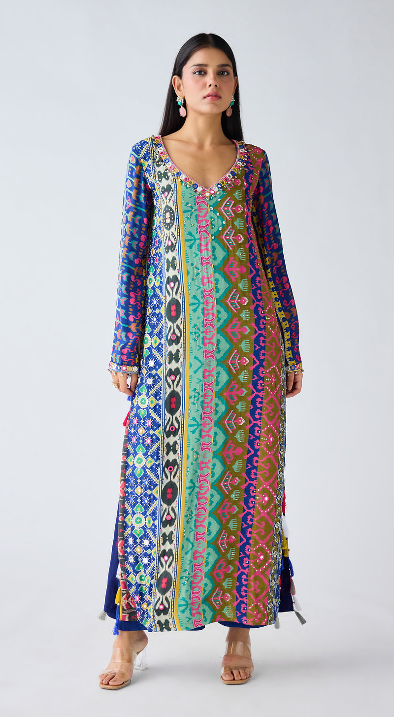 Blue Printed Crepe Kurta Set