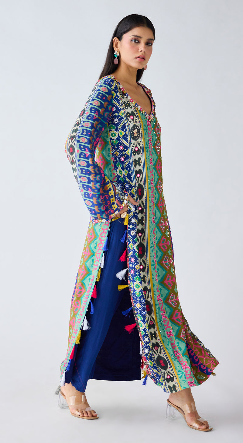 Blue Printed Crepe Kurta Set