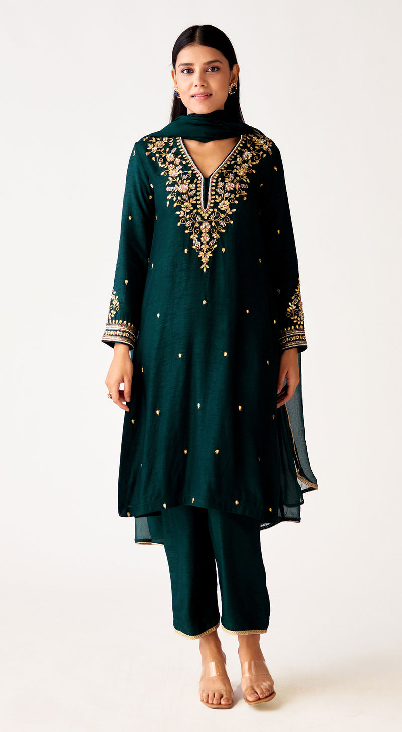 Bottle-Green Silk Embroidered Suit Set