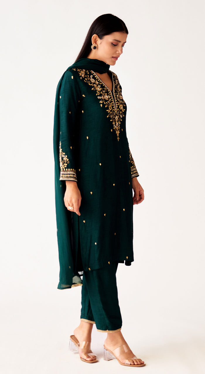 Bottle-Green Silk Embroidered Suit Set