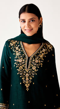 Bottle-Green Silk Embroidered Suit Set