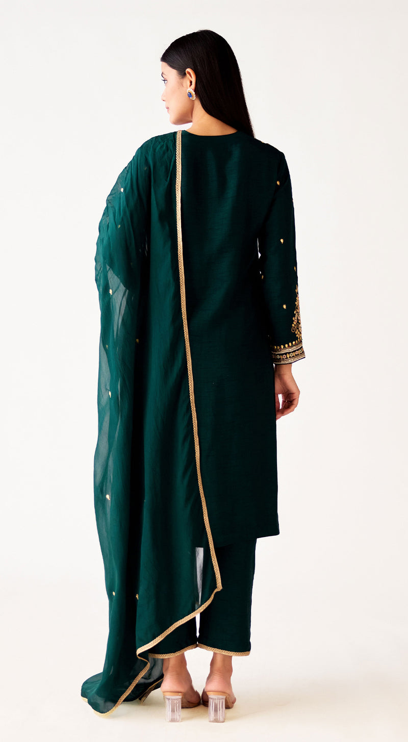 Bottle-Green Silk Embroidered Suit Set