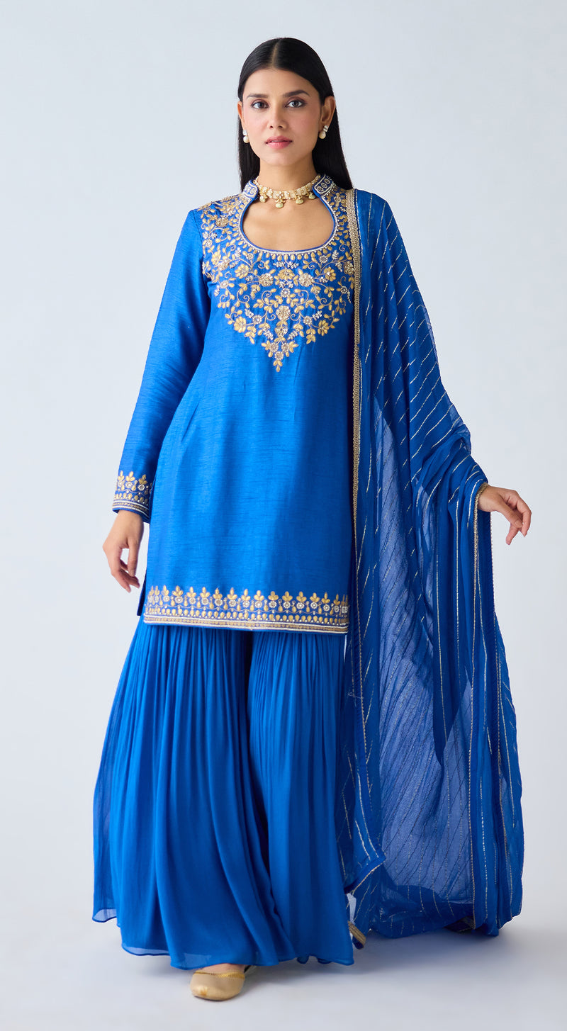 Blue Silk Embroidered Sharara Set