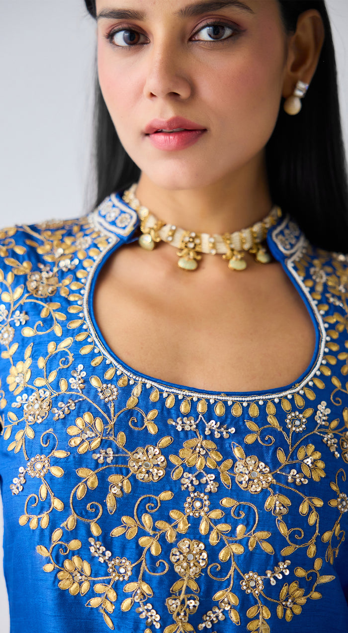 Blue Silk Embroidered Sharara Set