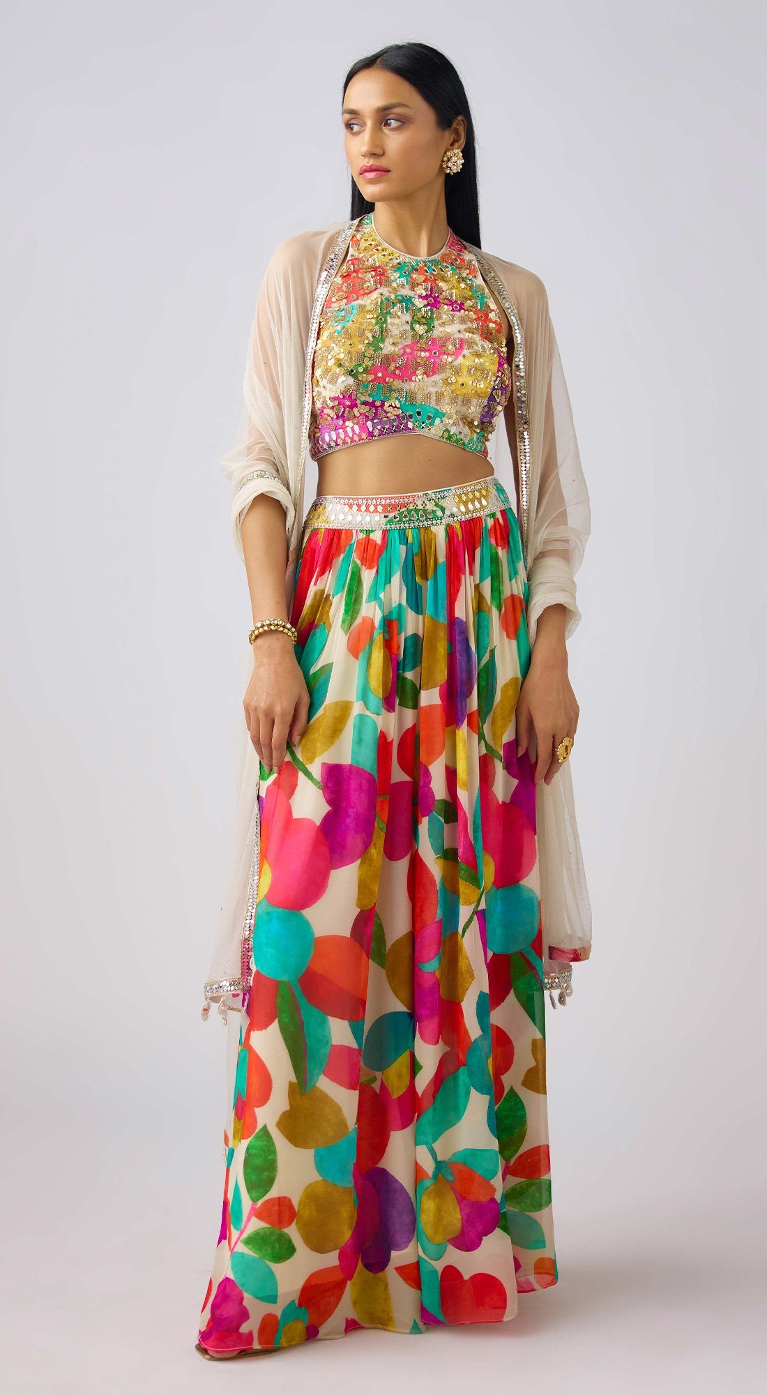 Multi Crepe Embroidered Abstract Sharara Set