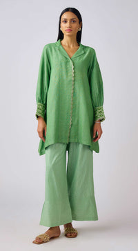 Green Cotton Embroidered Tunic Set