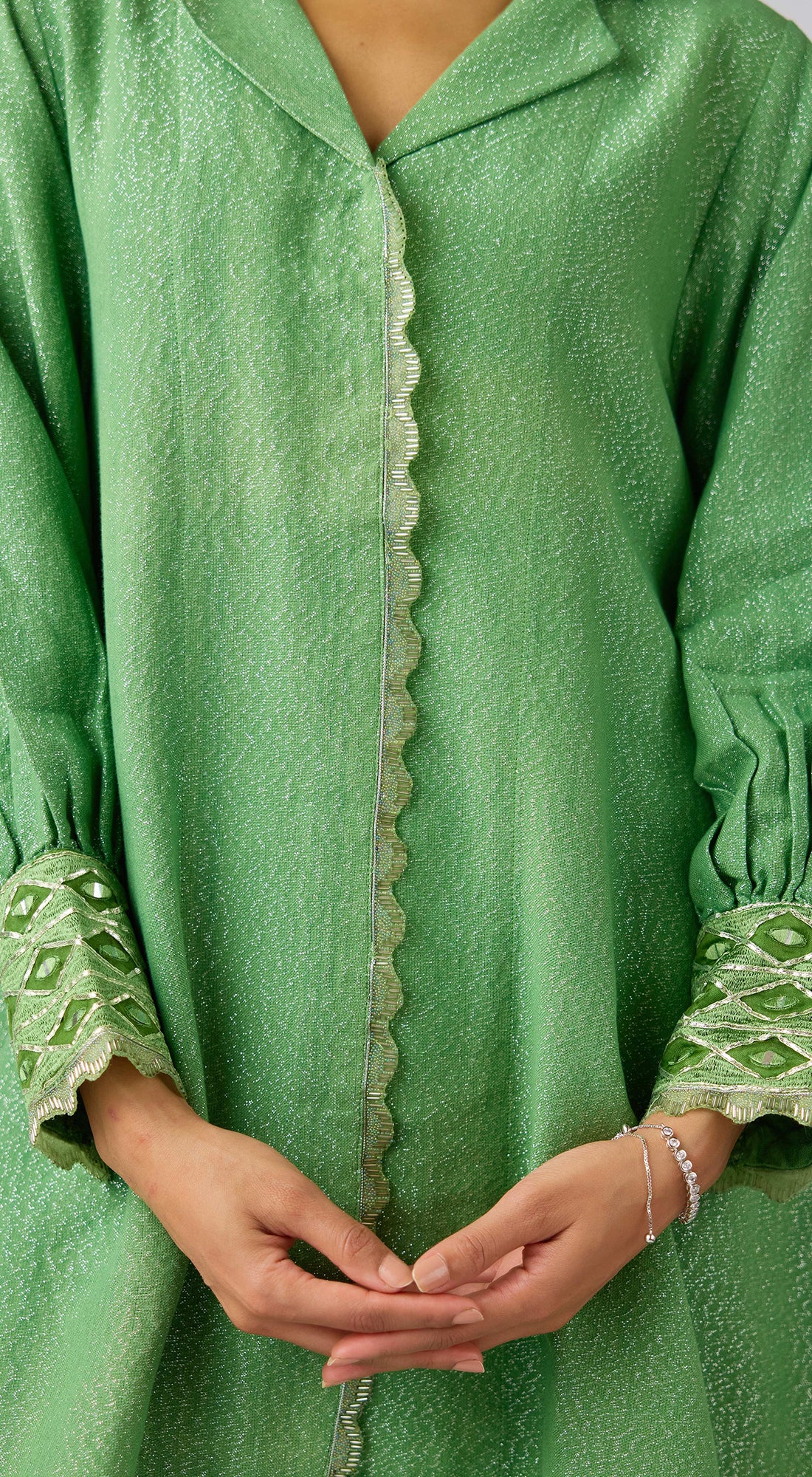 Green Cotton Embroidered Tunic Set