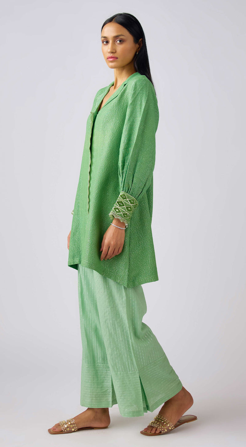 Green Cotton Embroidered Tunic Set