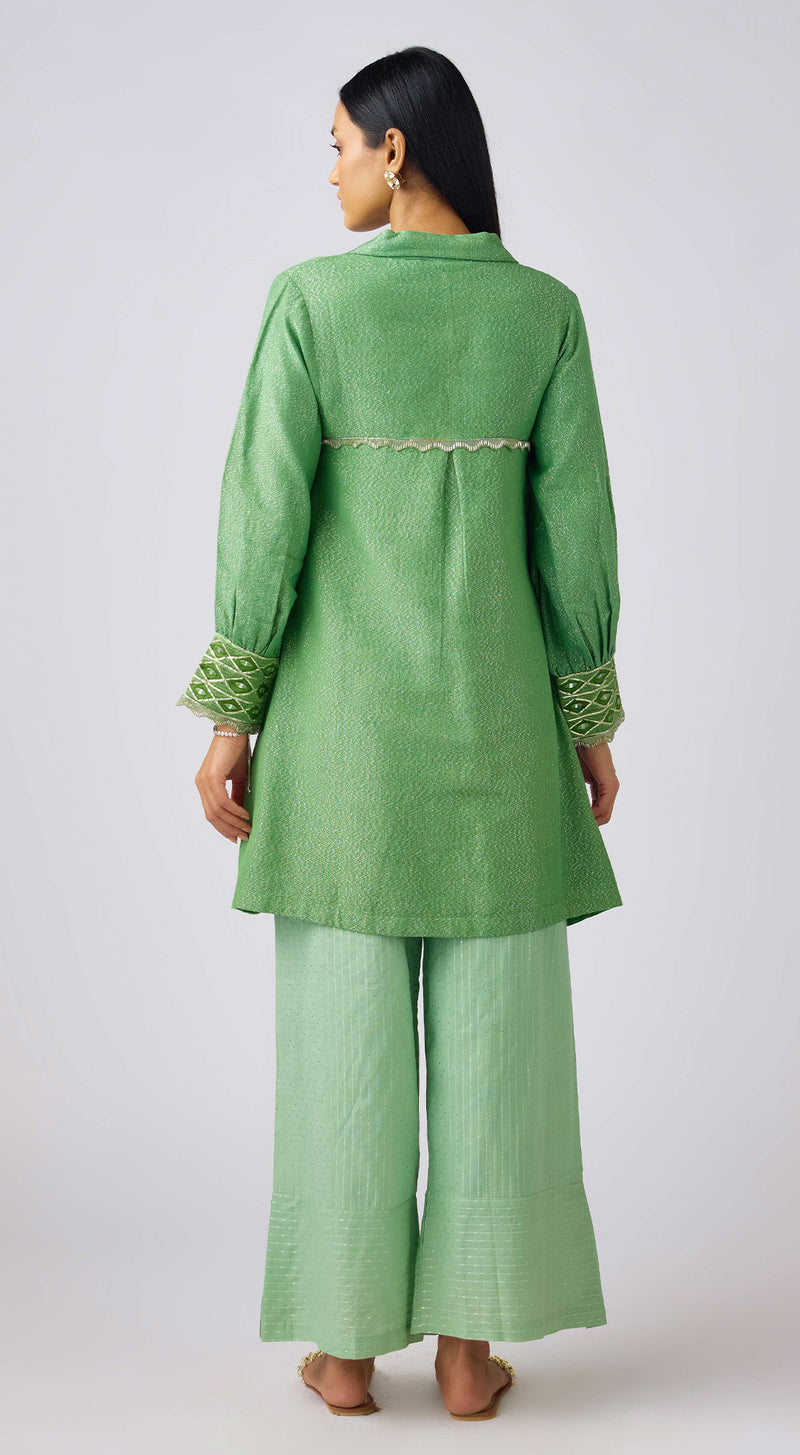 Green Cotton Embroidered Tunic Set