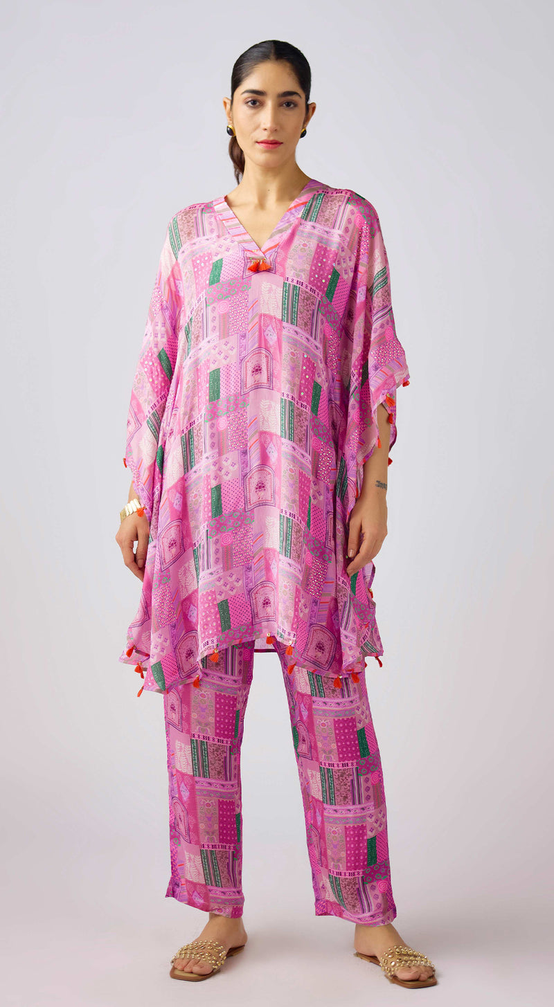 Peach Chinon Embroidered Tunic Set