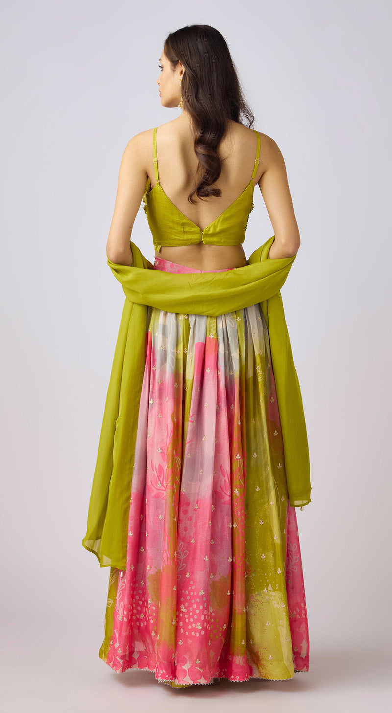 Pink Chinon Embroidered Lehenga Set