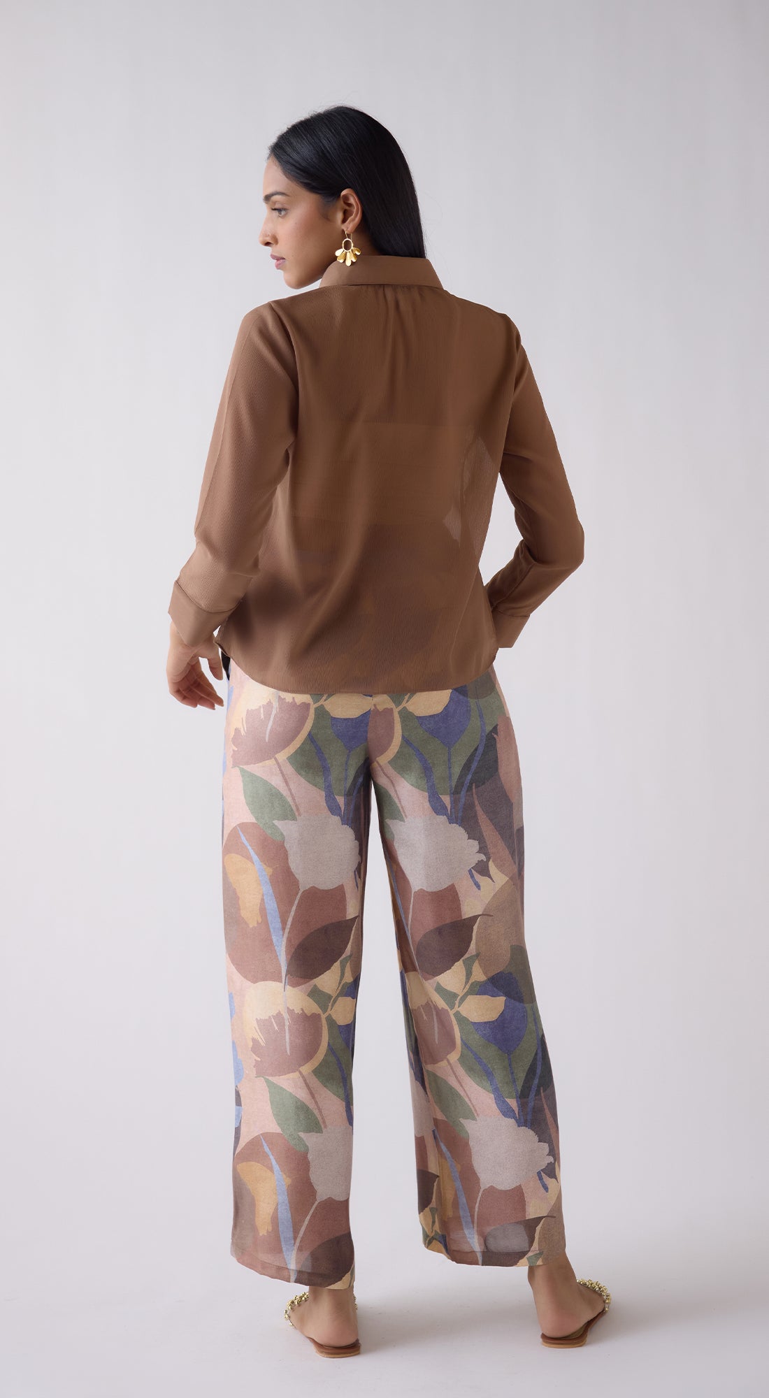 Brown Wide-Leg Printed Trousers