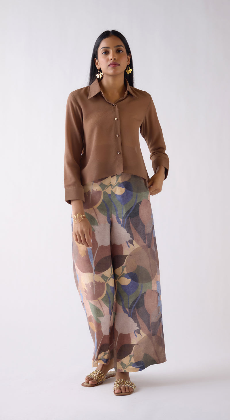 Brown Wide-Leg Printed Trousers