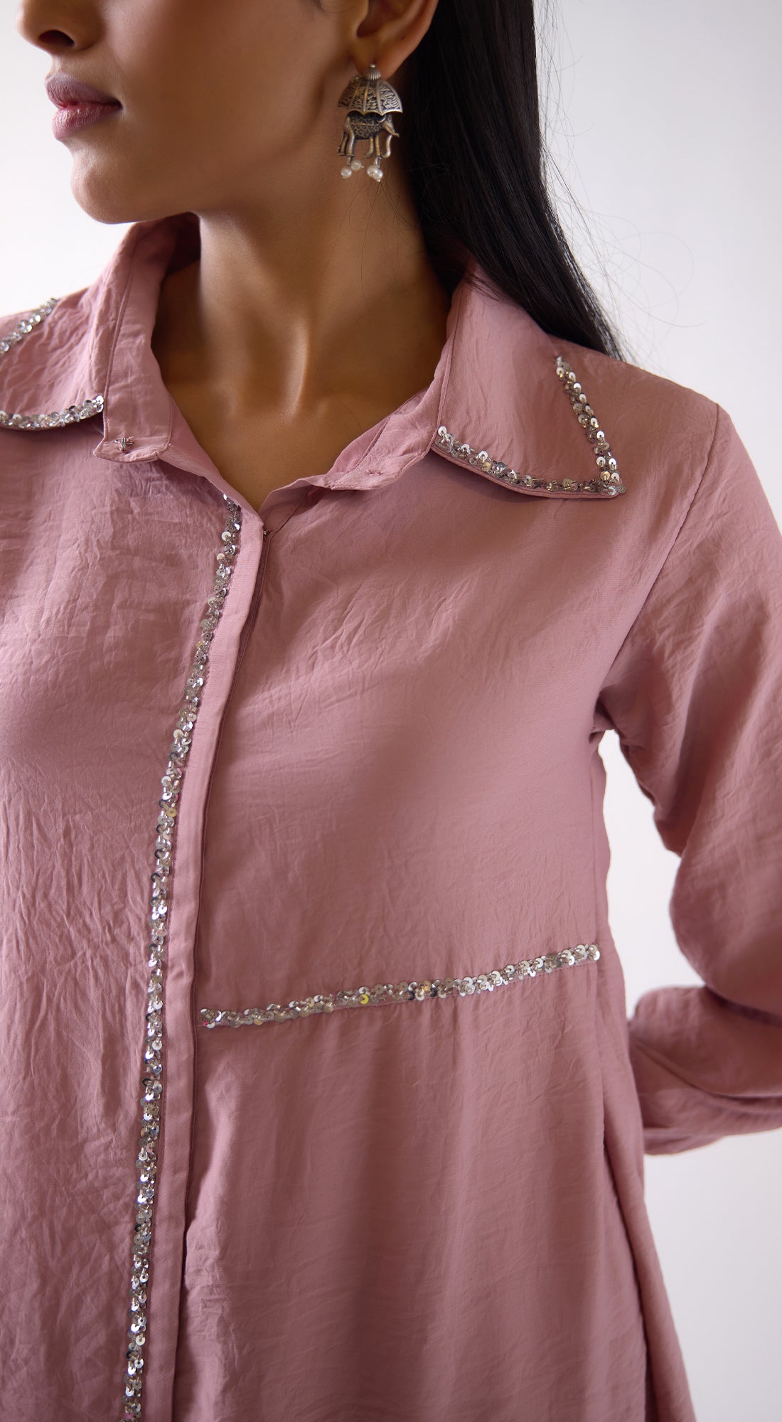 Pink Crepe Satin Long Shirt