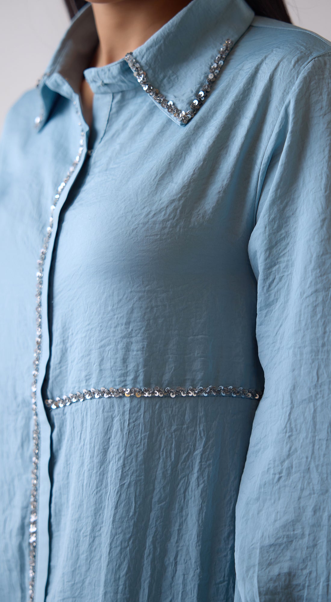 Sky-Blue Crepe Satin Long Shirt
