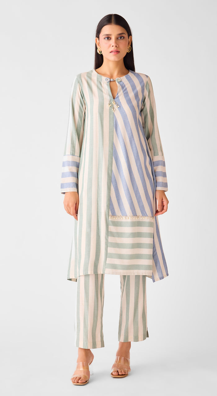 Ivory Abstract Lines Linen Kurta