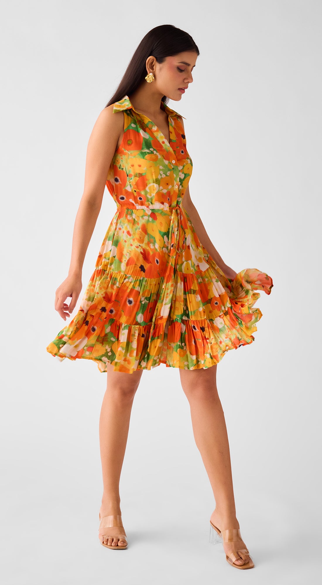 Orange Muslin Floral Dress