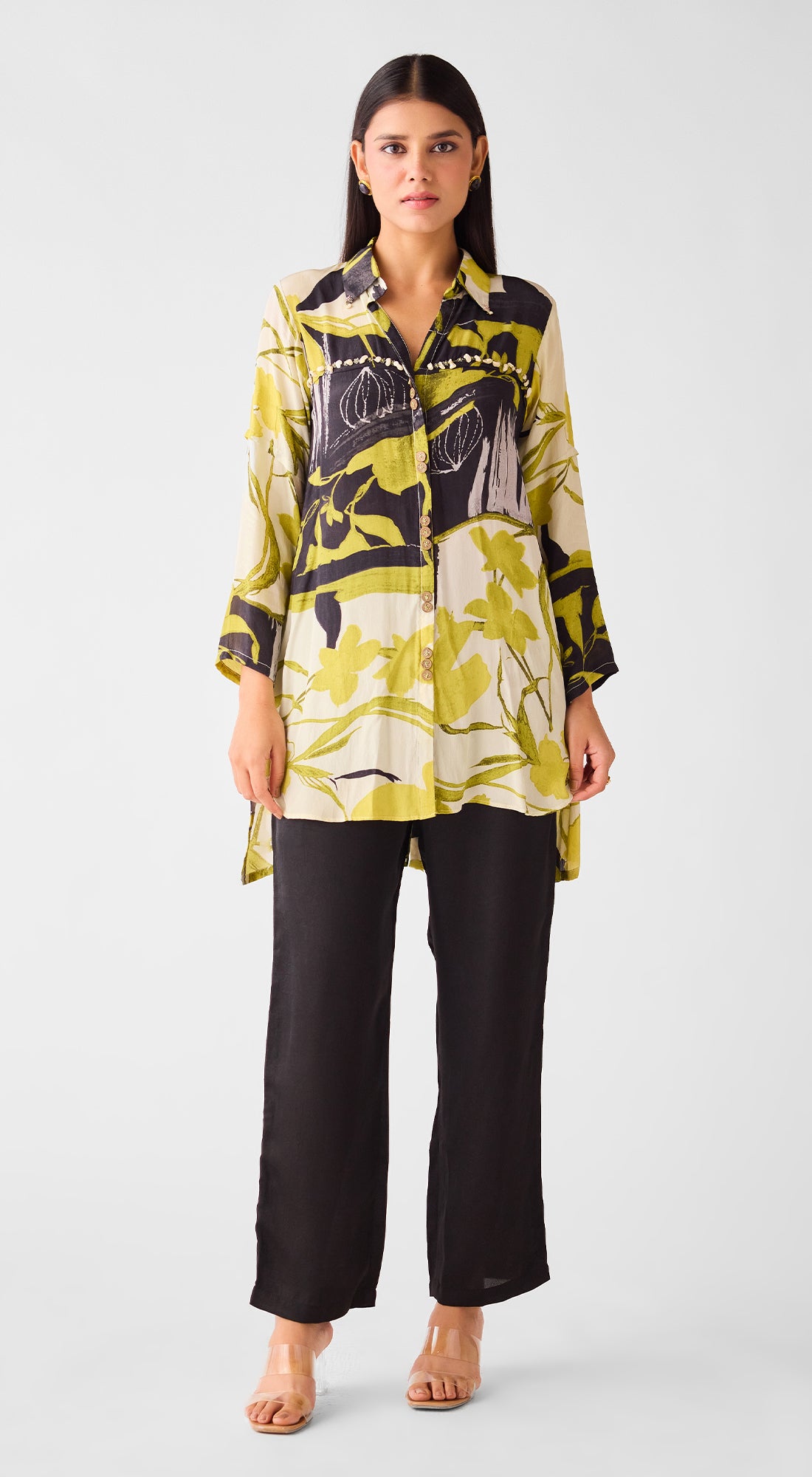 Lime Muslin Floral Long Shirt