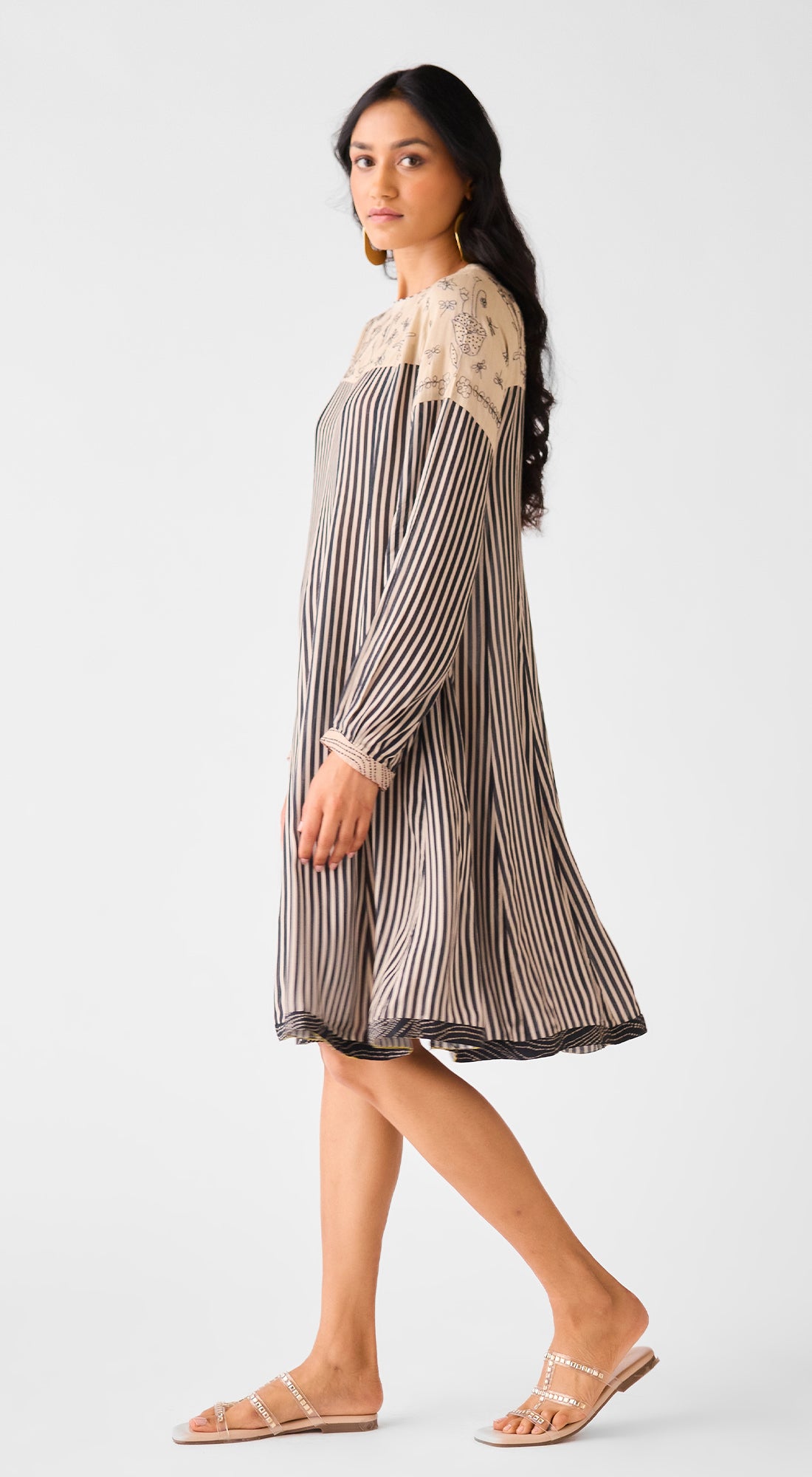 Beige Cotton Silk Abstract Dress