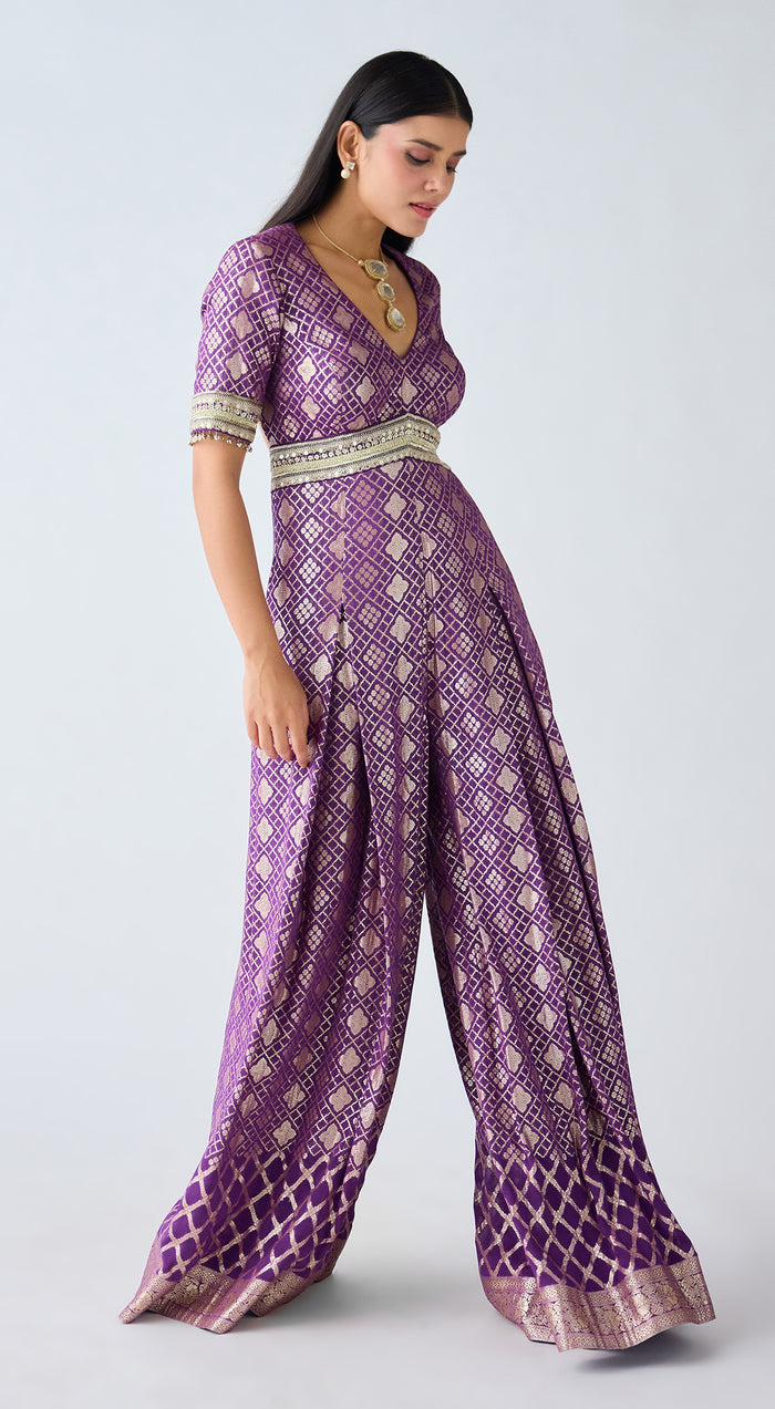 Purple Banarasi Sequins Jumpsuit