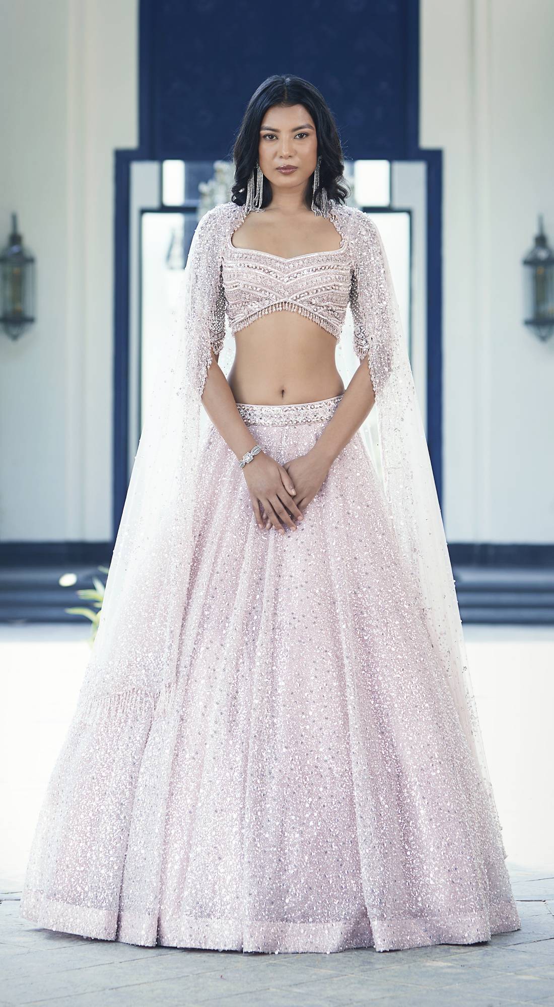 Pink Sequins Net Embroidered Lehenga Set