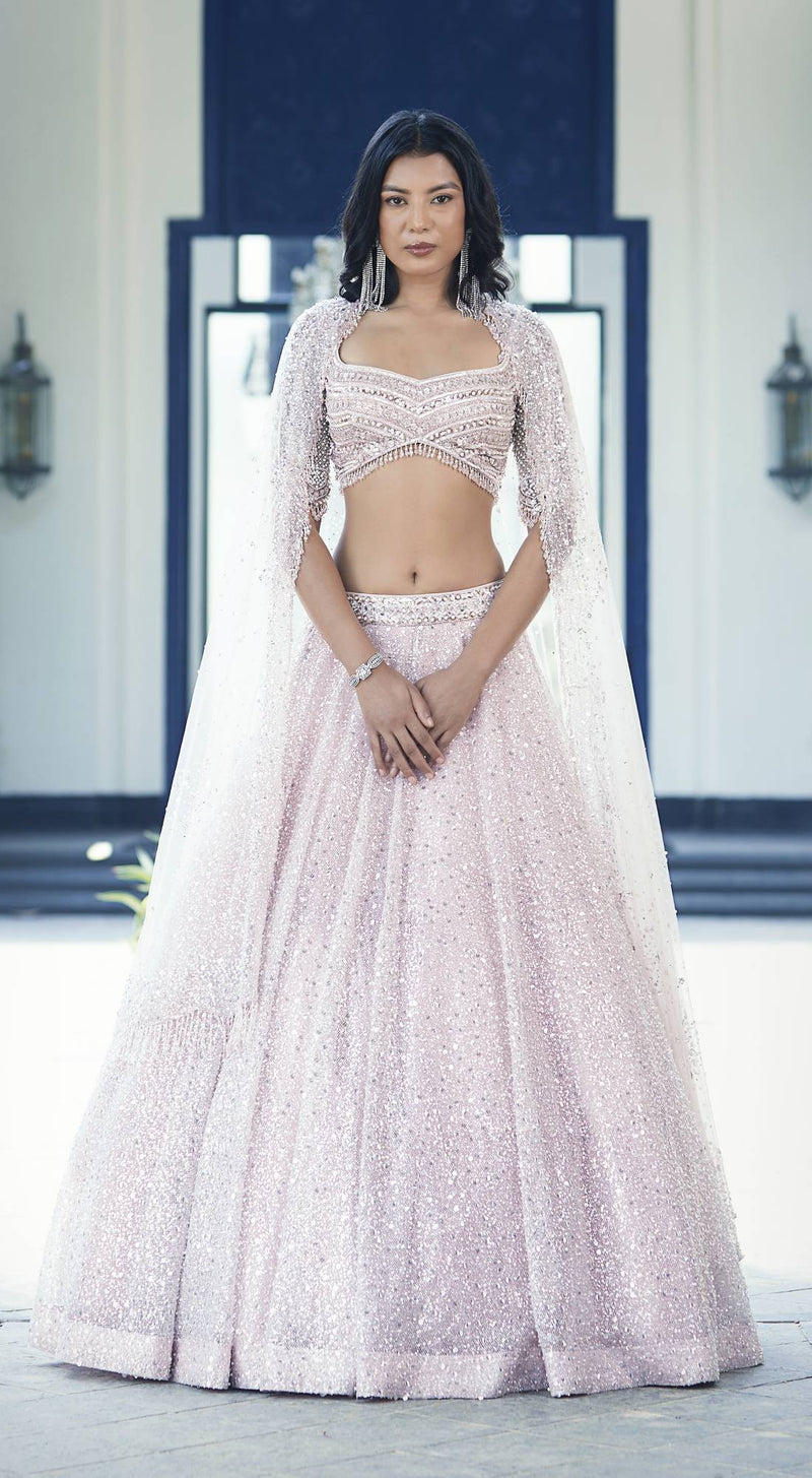 Pink Sequins Net Embroidered Lehenga Set