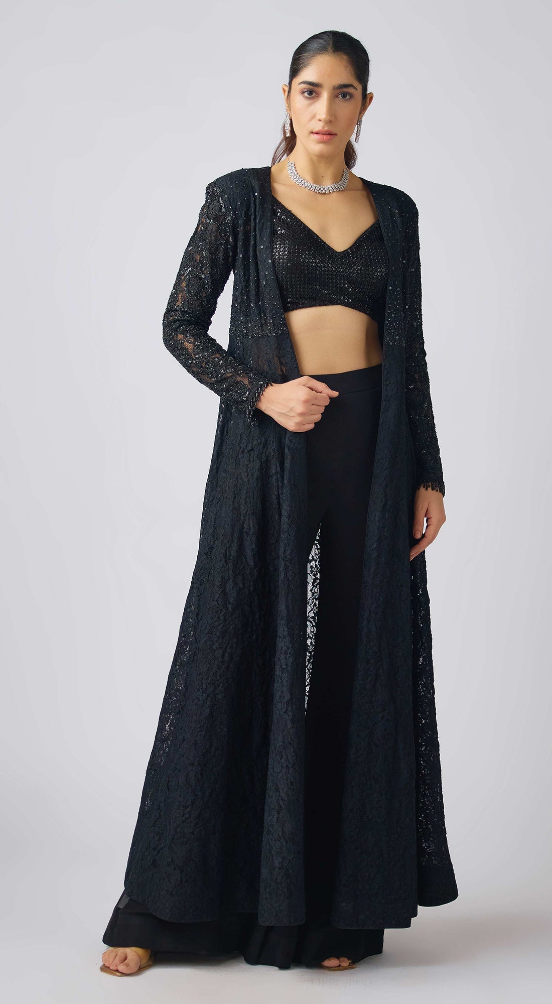 Black Georgette Embroidered Cape Set